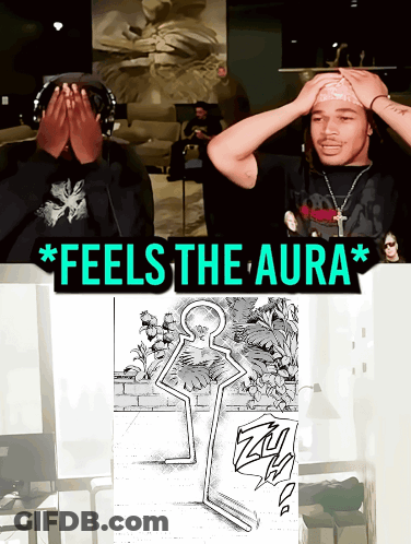 Two Men Are Covering Their Faces In Front Of A Sign That Says Feels The Aura GIF