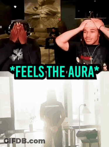 Two Men Are Covering Their Faces With Their Hands And The Words Feels The Aura Are Above Them GIF