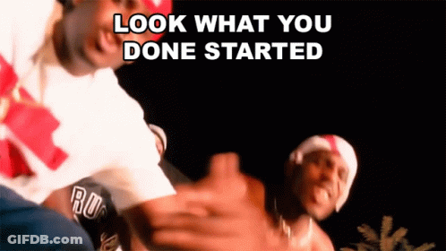 Two Men Are Dancing And The Words Look What You Done Started Are Visible GIF