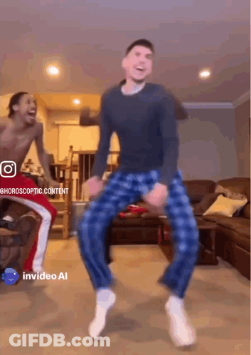 Two Men Are Dancing In A Living Room With The Caption Invideo Ai GIF