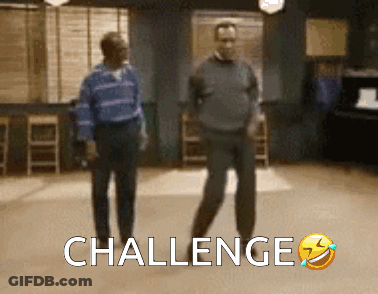 Two Men Are Dancing In A Room With The Word Challenge Written Above Them GIF