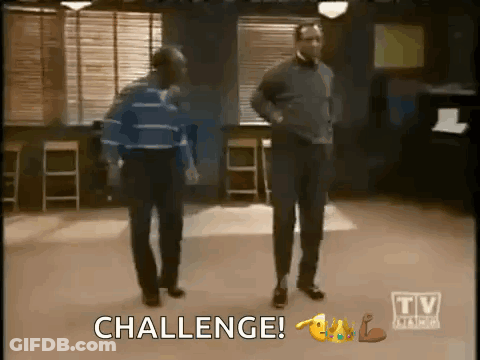 Two Men Are Dancing In A Room With The Words Challenge On The Bottom GIF