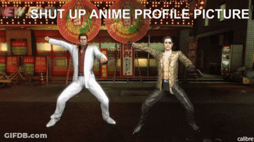 Two Men Are Dancing In Front Of A Building With The Words " Shut Up Anime Profile Picture " GIF