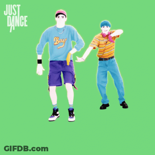 Two Men Are Dancing In Front Of A Green Background That Says Just Dance GIF