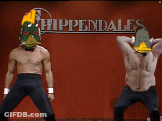 Two Men Are Dancing In Front Of A Sign For Hippendales GIF