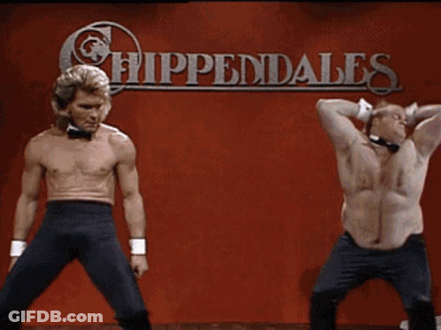 Two Men Are Dancing In Front Of A Sign That Says Chippewales GIF