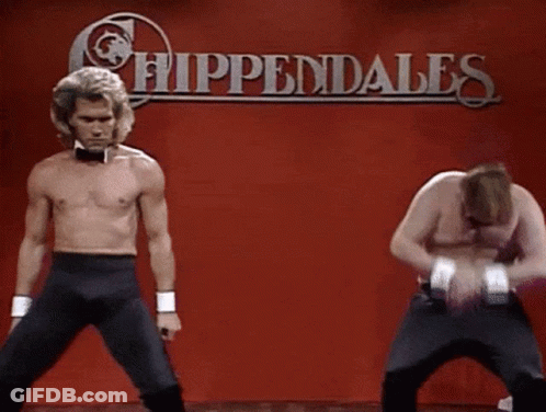 Two Men Are Dancing In Front Of A Sign That Says Chippewales GIF