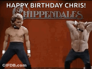 Two Men Are Dancing In Front Of A Sign That Says `` Happy Birthday Chris '' . GIF