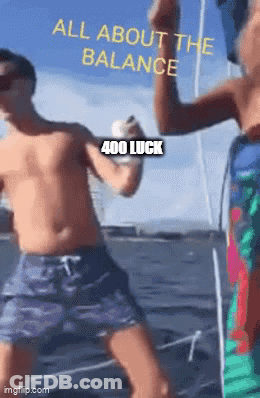 Two Men Are Dancing On A Boat With The Words All About The Balance 400 Luck On The Bottom GIF