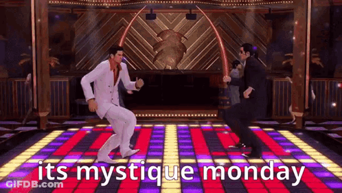 Two Men Are Dancing On A Dance Floor With The Words `` Its Mystique Monday '' Above Them . GIF