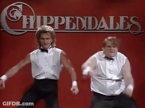 Two Men Are Dancing On A Stage In Front Of A Sign That Says `` Chippendale '' . GIF
