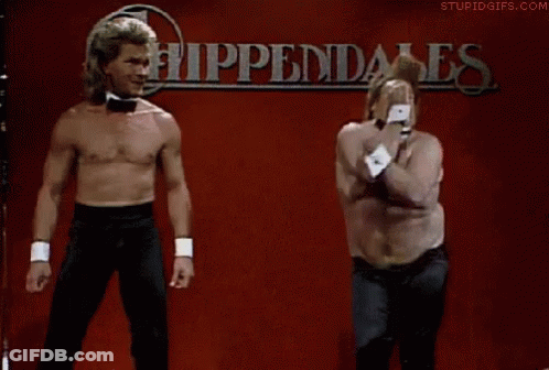 Two Men Are Dancing On A Stage In Front Of A Sign That Says Hippendales GIF
