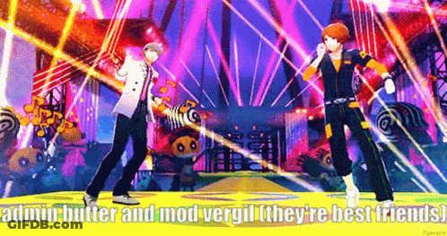 Two Men Are Dancing On A Stage With The Words Admin Butter And Mod Vergil They 'Re Best Friends GIF