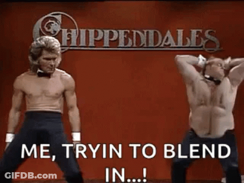 Two Men Are Dancing On A Stage With The Words `` Me , Tryin To Blend In ... '' . GIF