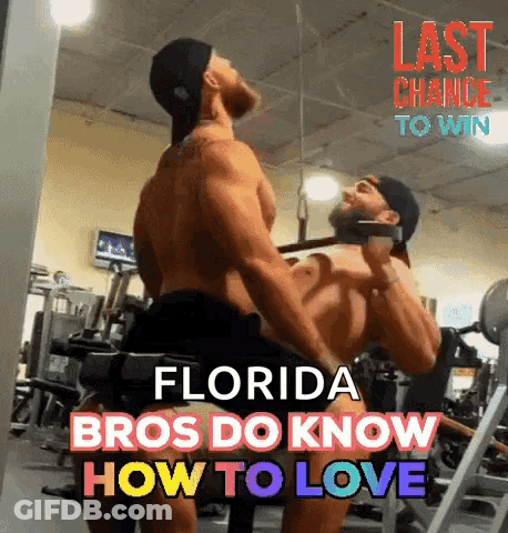 Two Men Are Doing Exercises In A Gym And The Caption Says Florida Bros Do Know How To Love . GIF
