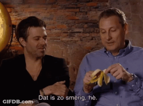 Two Men Are Eating Bananas And One Of Them Is Saying " Dat Is Zo Smerig He " GIF