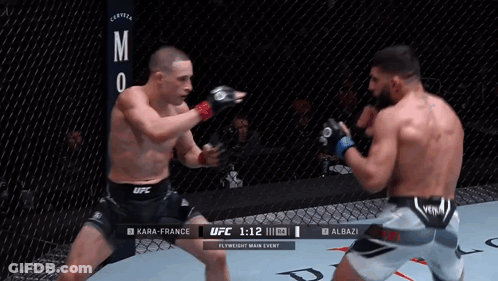 Two Men Are Fighting In A Boxing Ring And One Of Them Is Wearing A Black Ufc Shorts GIF