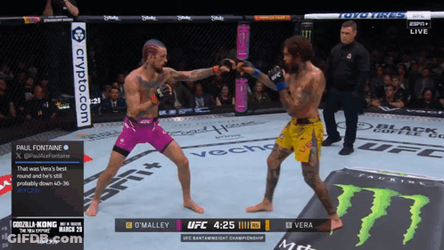 Two Men Are Fighting In A Boxing Ring And One Of Them Is Wearing Purple Shorts And Yellow Shorts GIF