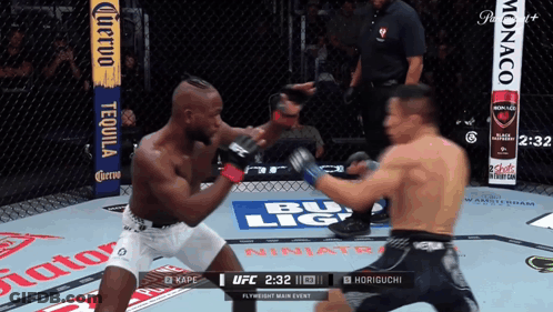 Two Men Are Fighting In A Boxing Ring With Advertisements For Corona And Bud Light GIF