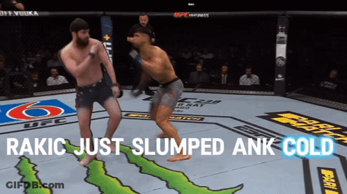 Two Men Are Fighting In A Boxing Ring With The Words Rakic Just Slumped Ank Cold On The Bottom GIF