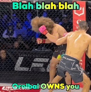 Two Men Are Fighting In A Cage With A Caption That Says Blah Blah Blah Oralbai Owns You GIF