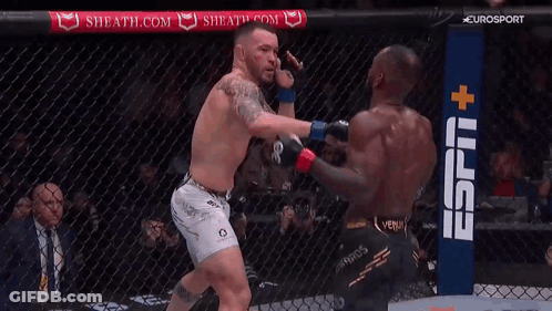 Two Men Are Fighting In A Cage With A Espn + Sign In The Background GIF