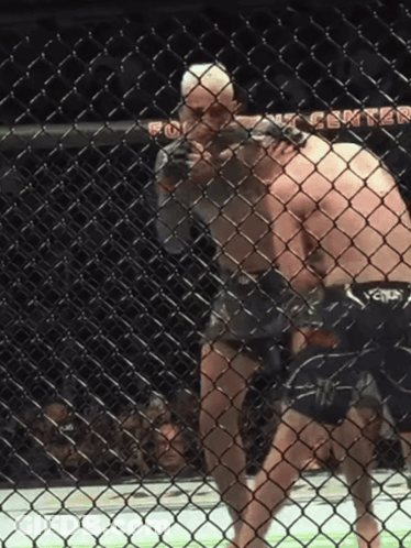Two Men Are Fighting In A Cage With The Word Center Visible GIF