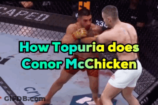 Two Men Are Fighting In A Cage With The Words How Topuria Does Conor Mcchicken Above Them GIF