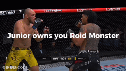 Two Men Are Fighting In A Cage With The Words Junior Owns You Roid Monster GIF
