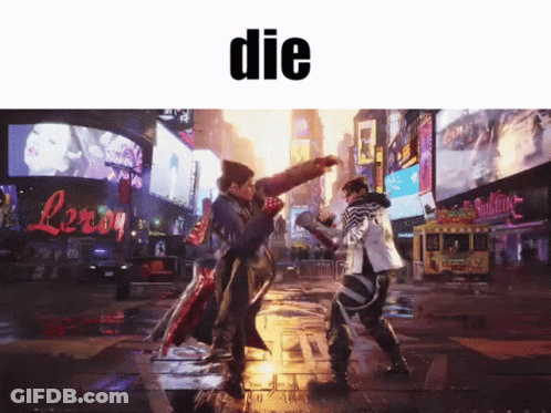 Two Men Are Fighting In A City And The Word Die Is Above Them GIF