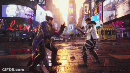 Two Men Are Fighting In A City Street With A Police Car In The Background GIF