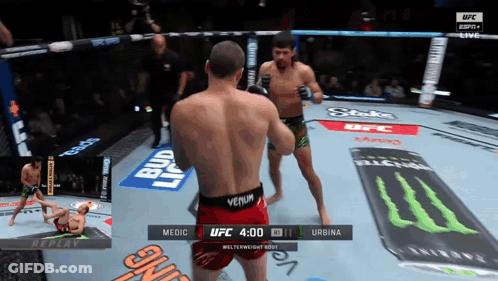 Two Men Are Fighting In A UFC Ring And One Of Them Is Wearing A Red Venum Shorts GIF