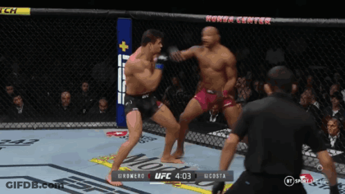 Two Men Are Fighting In A UFC Ring With A Honda Center Sign In The Background GIF