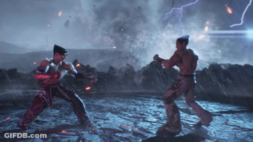 Two Men Are Fighting In A Video Game While Lightning Strikes In The Background GIF