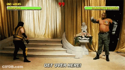Two Men Are Fighting In A Video Game With The Words `` Get Over Here '' Written On The Screen . GIF