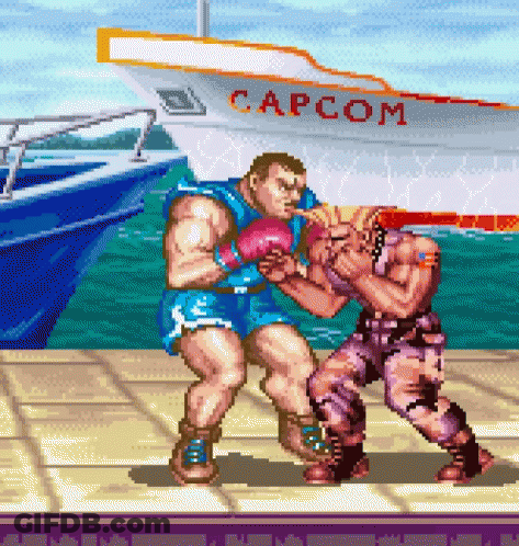 Two Men Are Fighting In Front Of A Capcom Boat GIF