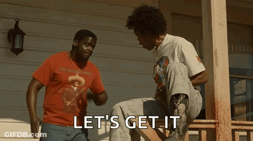 Two Men Are Fighting On A Porch With The Words Let 'S Get It Written On The Bottom . GIF