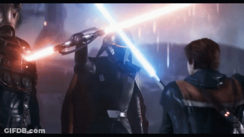 Two Men Are Fighting With Lightsabers And One Has The Number 11 On His Helmet GIF
