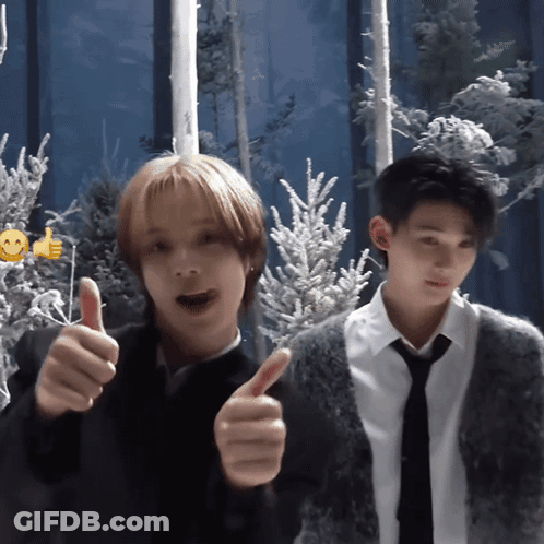 Two Men Are Giving A Thumbs Up In Front Of A Snowy Forest GIF