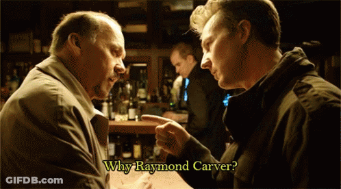 Two Men Are Having A Conversation In A Bar And One Of Them Is Pointing At The Other And Says Why Raymond Carver GIF