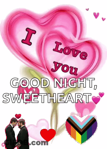 Two Men Are Holding Hands In Front Of A Pink Heart That Says I Love You GIF