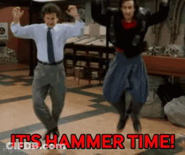 Two Men Are Jumping In The Air With The Words " It 'S Hammer Time " Above Them GIF