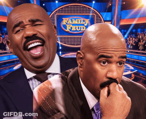 Two Men Are Laughing In Front Of A Family Feud Logo GIF