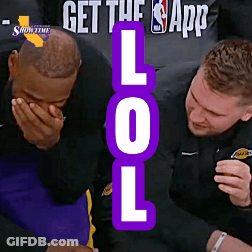 Two Men Are Laughing In Front Of A Sign That Says " Get The Nba App " GIF