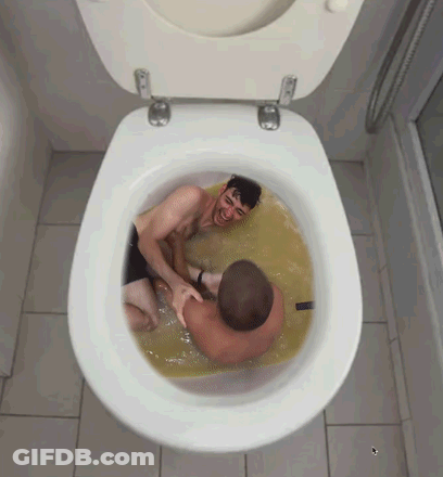 Two Men Are Laying In A Toilet With A Yellow Liquid GIF