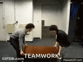 Two Men Are Lifting A Large Piece Of Carpet With The Word Teamwork Written On The Bottom GIF