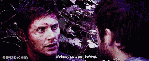 Two Men Are Looking At Each Other And One Of Them Is Saying Nobody Gets Left Behind GIF
