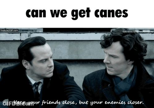 Two Men Are Looking At Each Other With The Words Can We Get Canes Below Them GIF