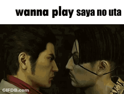 Two Men Are Looking At Each Other With The Words " Wanna Play Saya No Uto " Below Them GIF