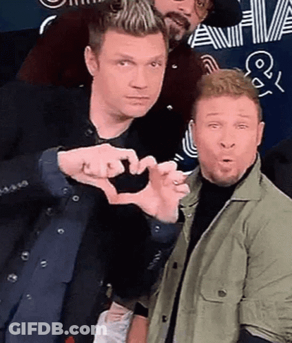 Two Men Are Making A Heart Shape With Their Hands While Posing For A Picture . GIF
